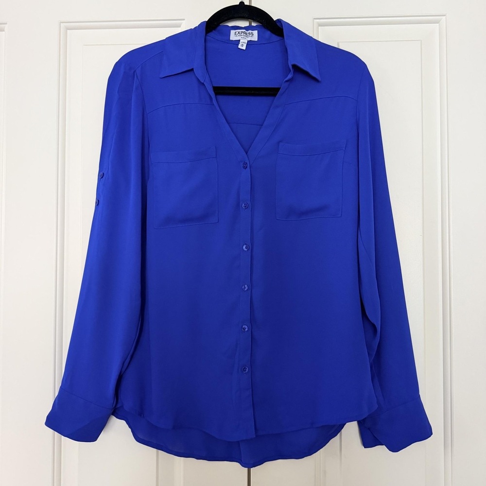 Express Portofino Shirt Womens Medium Blue Button Up Roll Tab Chiffon Blouse